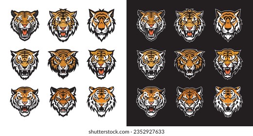 Tiger face roaring style set, Collection of tiger heads vector illustration logos symbols
