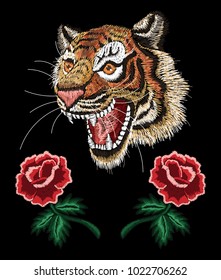 tiger face with roses, floral embroidery fashion patch for apparel