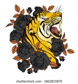 Tiger face and roses vector illustration. Hand drawn. Tiger angry portrait. Vector illustration.