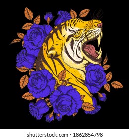 Tiger face and roses vector illustration. Hand drawn. Angry Tiger portrait. Vector illustration.