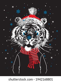 Tiger face with Santa hat and red scarf look on snowflake. Hand drawn vector illustration. Christmas print for t-shirt