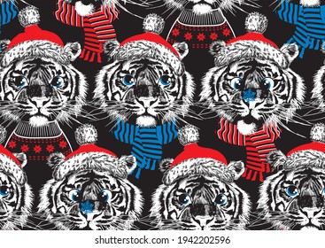 Tiger Gesicht mit Weihnachtsmütze nahtloses Muster. Weihnachtshandgezeichnet, Vektorgrafik.