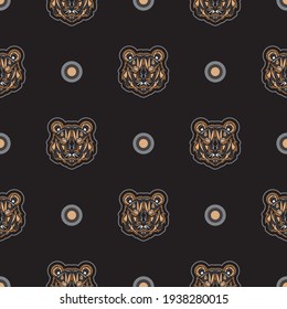 Tiger face seamless pattern in Maori style. Boho tiger face. Good for clothing and textiles. Vector 