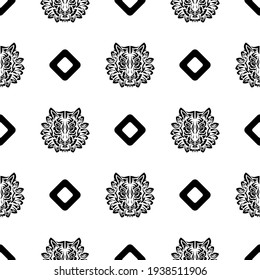 Tiger face seamless pattern in samoan style. Boho tiger face. Good for backgrounds and prints. Vector illustration.