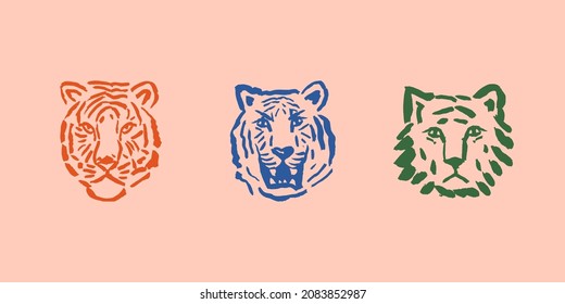 Tiger face set trendy doodle brush style