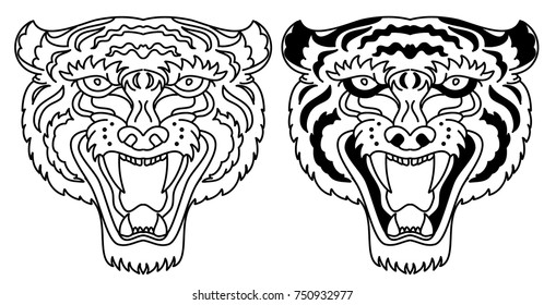 Tiger face silhouette vector isolate on white background.Line art and doodle tiger head.Japanese style tiger face for tattoo.Tiger roaring