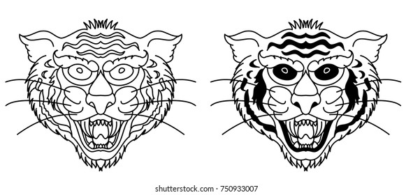 Tiger face silhouette vector isolate on white background.Line art and doodle tiger head.Japanese style tiger face for tattoo.Tiger roaring