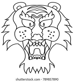 Tiger face silhouette vector isolate on white background.Line art and doodle tiger head.Japanese style tiger face for tattoo.Tiger roaring
