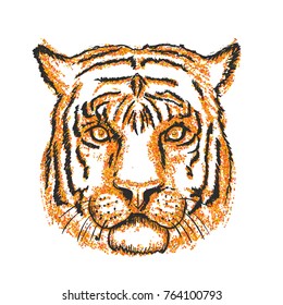 Tiger Face Sketch in Stippling Style on White Background. Vector illustration