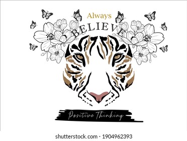 Tiger face and slogan on vintage flowers background