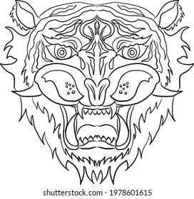 Vector de pegatinas de cara de tigre. Tatuaje tradicional de cabeza de tigre. Aislamiento vectorial de cabeza de tigre sobre fondo blanco.
