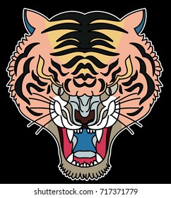 Tiger face sticker vector.Tiger head traditional tattoo.Traditional Japanese culture for printing on background.Tiger with Sunrise for coloring book