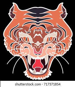Tiger face sticker vector.Tiger head traditional tattoo.Traditional Japanese culture for printing on background.Tiger with Sunrise for coloring book