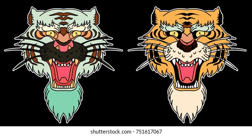 Tiger face sticker vector.Tiger head traditional tattoo.Tiger roaring.Old school style Tiger face.