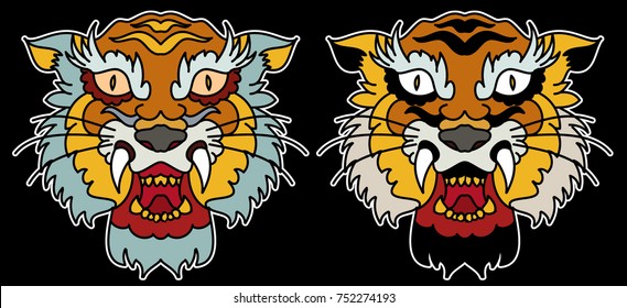 Tiger face sticker vector.Tiger head traditional tattoo.Tiger roaring