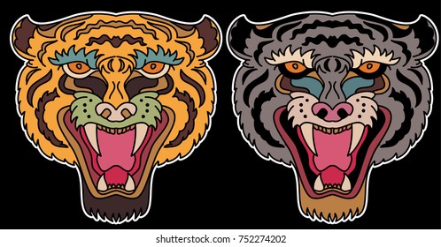 Tiger face sticker vector.Tiger head traditional tattoo.Tiger roaring