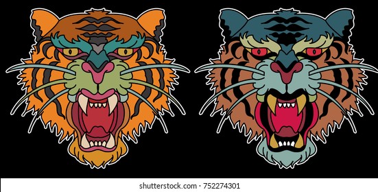 Tiger face sticker vector.Tiger head traditional tattoo.Tiger roaring for printing on T-shirt.Cartoon cat vector illustration for elements on white isolated background.