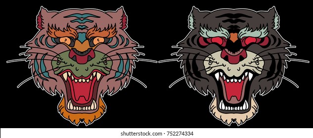 Tiger Face Sticker Vector.Tiger Head Traditional Tattoo.Tiger Roaring