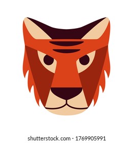 Tiger face. Stylized color illustration of dangerous predator. Red head with menacing look. Cartoon graphic animal for t-shirt print, card. Angry character. Flat isolated vector image white background