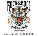 Tiger face tattoo. Rebel rock vector print design for t shirt and others. Wild animal graphic print design for apparel, stickers, posters, background . Tiger face artwork. Tock tour print.