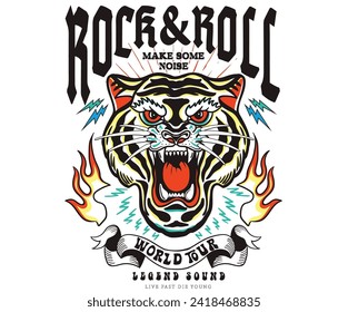 Tiger face tattoo. Rebel rock vector print design for t shirt and others. Wild animal graphic print design for apparel, stickers, posters, background . Tiger face artwork. Tock tour print.