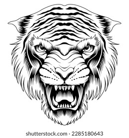 tiger face tattoo style in black and white
