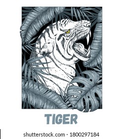 Tiger face and tropical leaves vector illustration. Hand drawn sketch. Tiger angry portrait. Vector illustration.