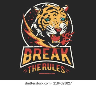 Tiger face t-shirt design. Break the rules vector graphic print design for apparel, stickers, posters, background and others.