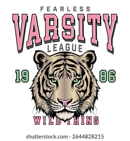 Tiger face varsity league. Retro college varsity typography california slogan with golden tiger face print. Fearless varsity league 1986 wild think, foil, poster, sports for t-shirt graphic. apparel