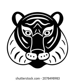 Tiger face vector background. Black and white color, monochrome. Graphic design animal logo element in simple geometric flat cartoon style.