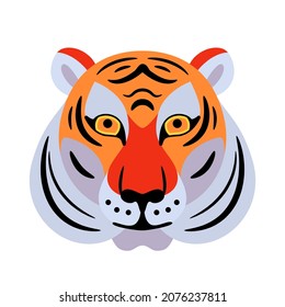 Tiger face vector background. Graphic design animal element for chinese new year greeting in simple geometric flat cartoon style. Isolated on white.