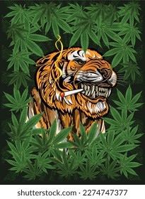 The Tiger Face in weed. Color Tattoo