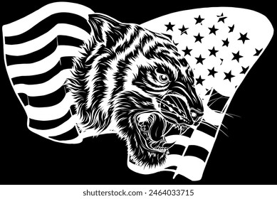 tiger face in white line on black background vector illustration