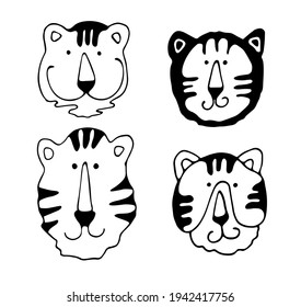 Tiger faces. Cute cartoon kawaii funny smiling character. Baby animal collection. Childish print for nursery, kids apparel, poster, postcard. Jungle cat. Flat design. White background. Vector