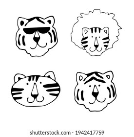 Tiger faces. Cute cartoon kawaii funny smiling character. Baby animal collection. Childish print for nursery, kids apparel, poster, postcard. Jungle cat. Flat design. White background. Vector