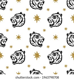 Tiger Gesichter Nachtstars boho magische Vintage Not leidende Kunst Symbol oder Etikett