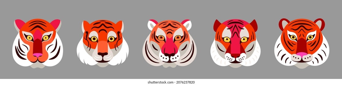 Tiger faces set vector background. Graphic design animal elements for chinese new year greeting in simple geometric flat cartoon style.