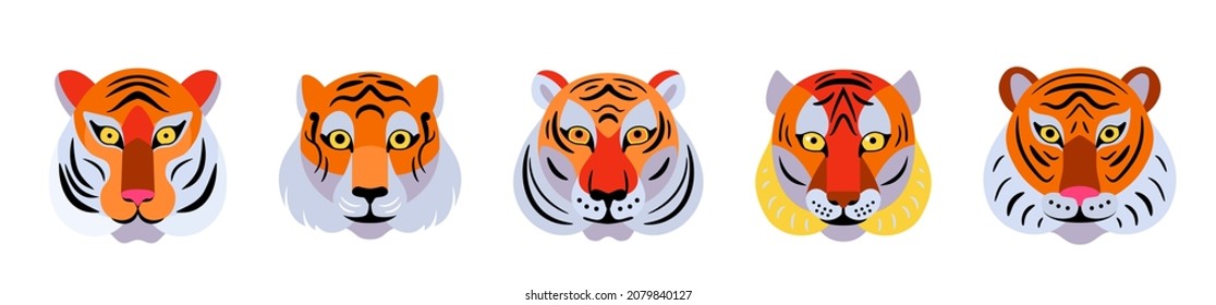 Tiger faces set vector background. Graphic design animal elements for chinese new year greeting in simple geometric flat cartoon style. Isolated on white.