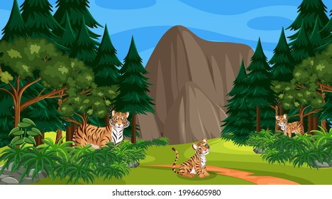 Tiger family in forest or rainforest scene with many trees illustration