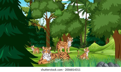 Tiger family in forest or rainforest scene with many trees illustration