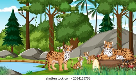 Tiger family in forest or rainforest scene with many trees illustration