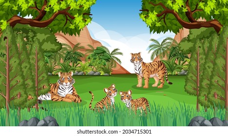 Tiger family in forest or rainforest scene with many trees illustration