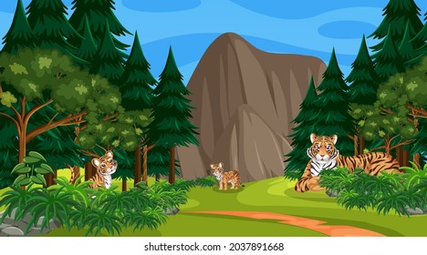 Tiger family in forest or rainforest scene with many trees illustration