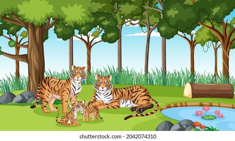 Tiger family in forest or rainforest scene with many trees illustration