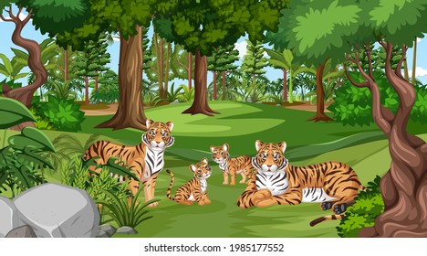 Tiger Family in the forest scene with many trees illustration