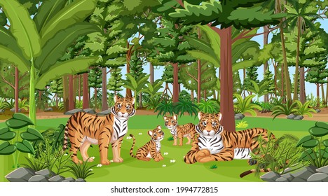 Tiger Family in the forest scene with many trees illustration