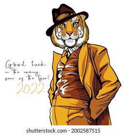 Tiger in fashionable suit and hat, character for souvenirs print on fabric, banner, postcard happy new year 2022