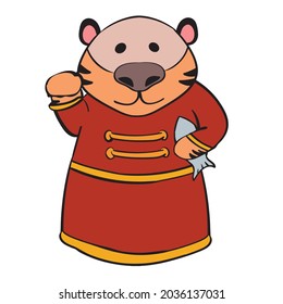A tiger in a festive costume is holds a fish. Clip art illustration tiger temple