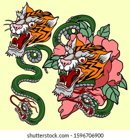 tiger fight snake flower tattoo