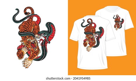 tiger fight snake vintage  hand drawn tshirt design